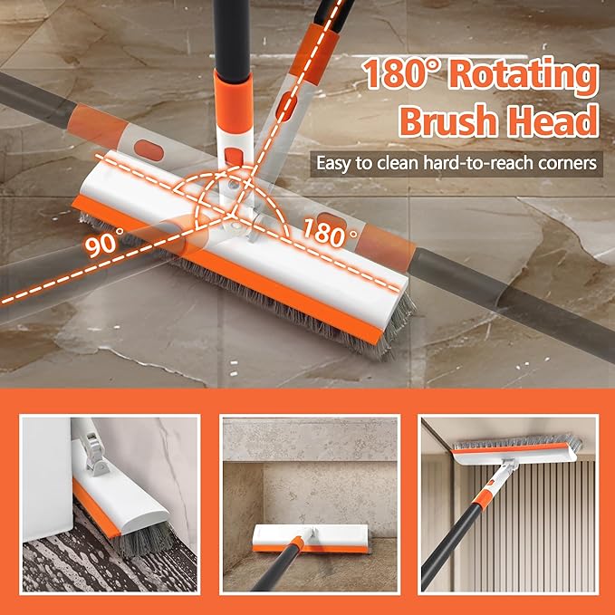 NEWE Floor Scrub Brush with Long Handle, 2 in 1 Stiff Bristles Scrubber Mop with Squeegee for Cleaning Deck Tile Tub Garage Patio Wall Sink Bathroom Kitchen