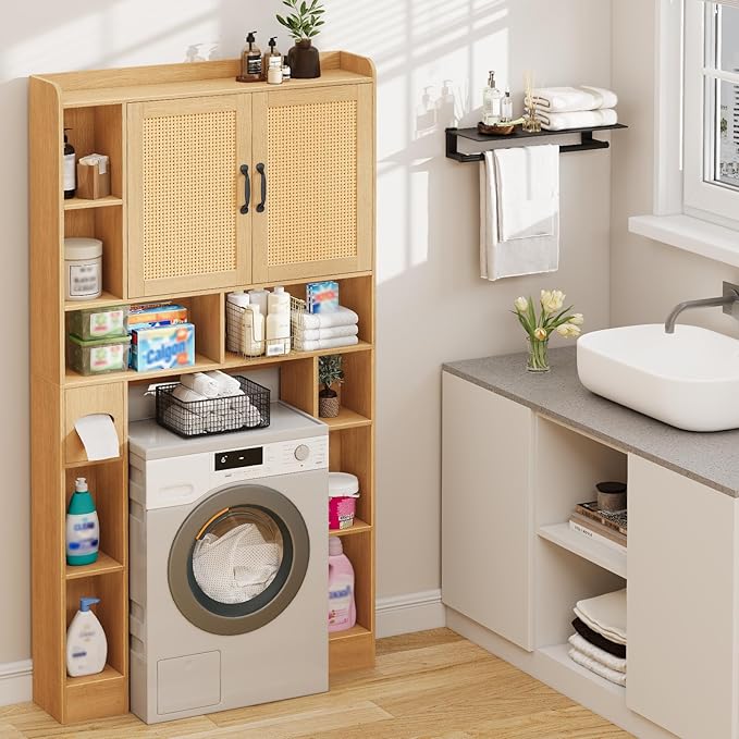 Vabches Farmhouse Style Rattan Over-The-Toilet Storage Cabinet with 2 Rattan Doors, Toilet Paper Holder - Space-Saving Oak Bathroom Organizer.