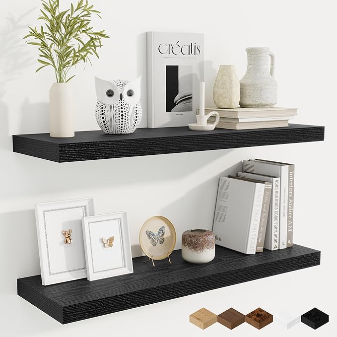 Fun Memories Floating Shelves for Wall, 32 Inch Rustic Wood Wall Mounted Shelves for Bathroom, Bedroom, Kitchen, Living Room, Deep Floating Shelves for Storage & Home Decor (Black, Set of 2)