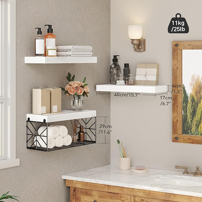 Bathroom Shelves Over Toilet Set of 3, Floating Shelves for Wall Toilet Paper Storage, 1.5" Thick Hanging Shelf, Farmhouse Wall Decor for Bathroom Living Room, Kitchen, White 4001BJWT