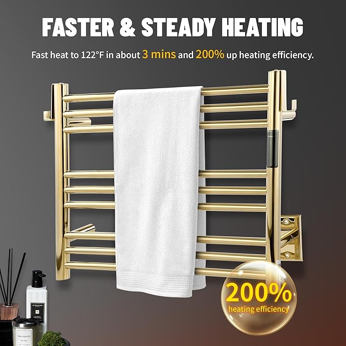 K&KALONZO Towel Warmer for Bathroom, Wall-Mounted 9-Bar Heated Towel Rack with Built-in Timer, Waterproof Electric Towel Heater, Support Plug-in and Hardwired, Polished Gold, EL13S