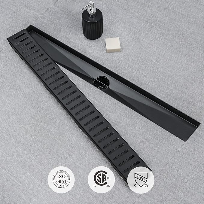 SaniteModar Linear Shower Drain 60 inch Matte Black with Removable Capsule Pattern Grate,Brushed 304 Stainless Steel Shower Drain Include Hair Strainer,Adjustable Leveling Feet