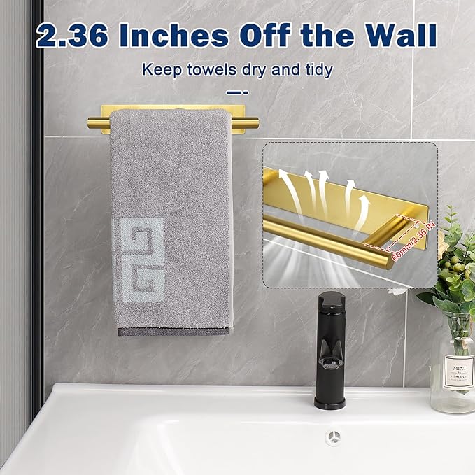 NearMoon Self Adhesive Hand Towel Holder/Towel Ring, Stainless Steel Hand Towel Bar Rustproof Stick on Wall-Towel Rack for Bathroom/Kitchen, 9 Inch Round Adhesive and Wall Mounted (Brushed Gold)