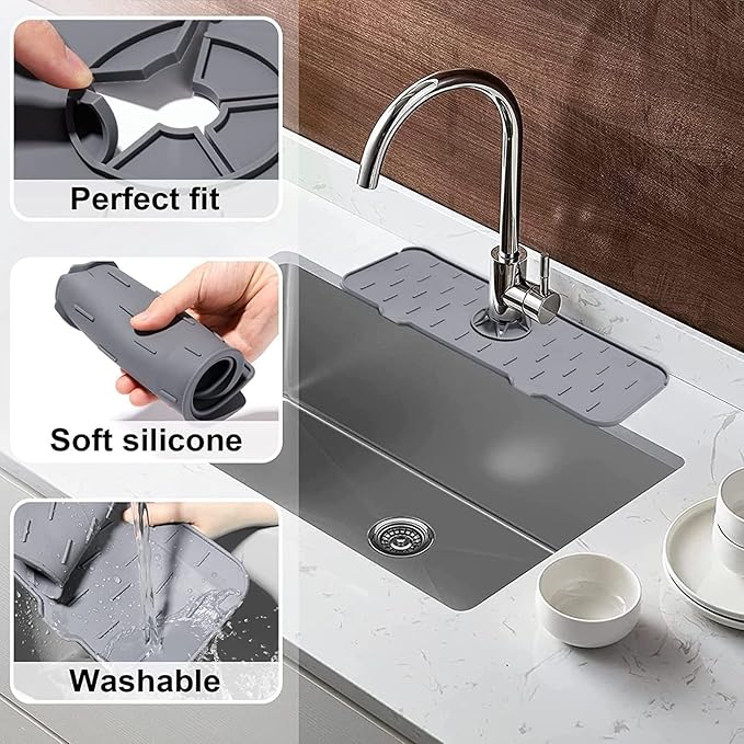2Pcs Kitchen Sink Splash Guard,Silicone Faucet Mat Splash Guard for Kitchen Sink,Faucet Splash Catcher for Kitchen & Bathroom Countertop Protect(Black&Grey)