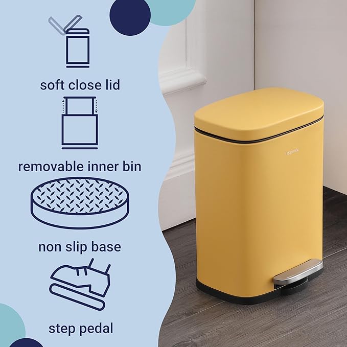 happimess HPM1006L Connor Rectangular 13.2-Gallon Trash Can with Soft-Close Lid and Free Mini Trash Can, Daffodil Yellow for Home, Kitchen, Bathroom, Living Room, Office