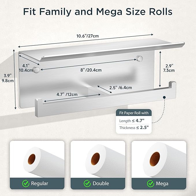 FORIOUS Toilet Paper Holder with Shelf, 304 Stainless Steel Wall Mount Commercial Toilet Paper Dispenser, Double Tissue Roll Holder for Bathroom, Brushed Nickel
