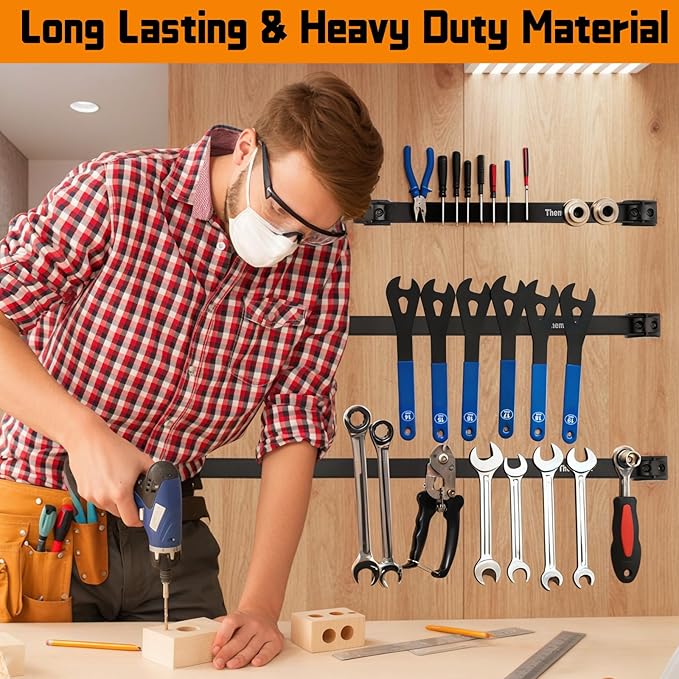 12" Magnetic Tool Holder Strip, 4 Pieces Black Metal Tool Organizer Rack with Stainless Steel Surface, Magnet Bar for Garage Workshop, Easy To Install with Mounting Screws