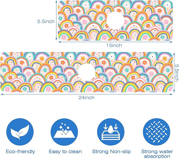 Boho Rainbow Hippie Floral Kitchen Sink Splash Guard Mat Absorbent Fast Drying Mat Faucet Draining Mat Sink Splash Guard Behind Faucet Drip Catcher for Kitchen Bathroom 5.5"×15"