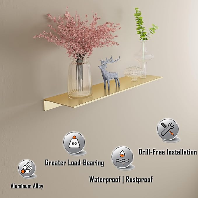 Metal Floating Shelves, Set of 2, Brushed Gold Wall Shelves Picture Ledge, Shower Caddy Wall Mounted, Decorative Display Shelf for Bedroom, Living Room, Bathroom, Office