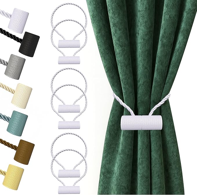 Hion Magnetic Curtain Tiebacks White 6 Pack, Curtain Tiebacks Buckles Holdbacks Holders Hooks Clip for Home Bedroom Office Decorative Thick or Thin Curtain