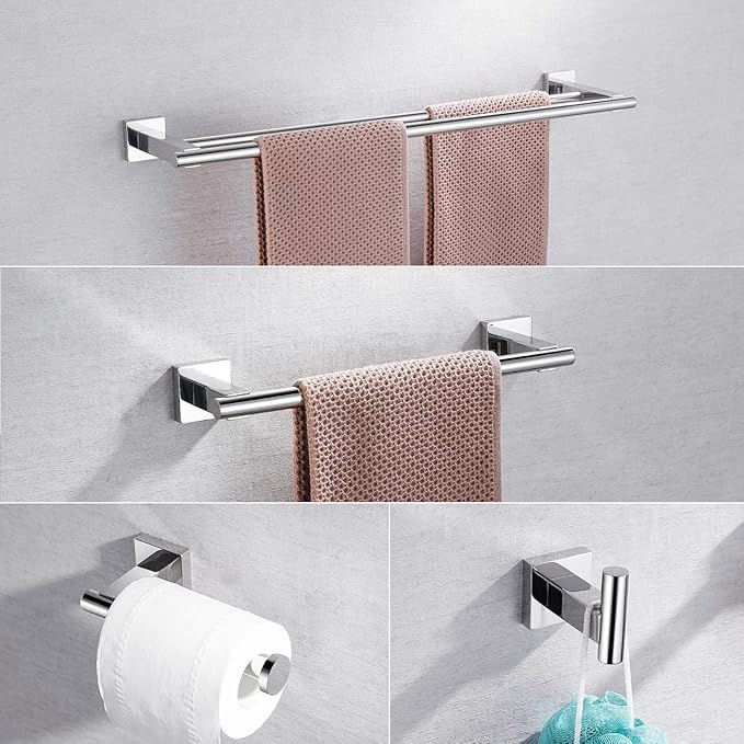 Miyili 4-Pieces Polished Stainless Steel Bathroom Hardware Set Wall Mounted - Includes Double Towel Bar, Hand Towel Rack, Toilet Paper Holder, Robe Hook, BS02C4