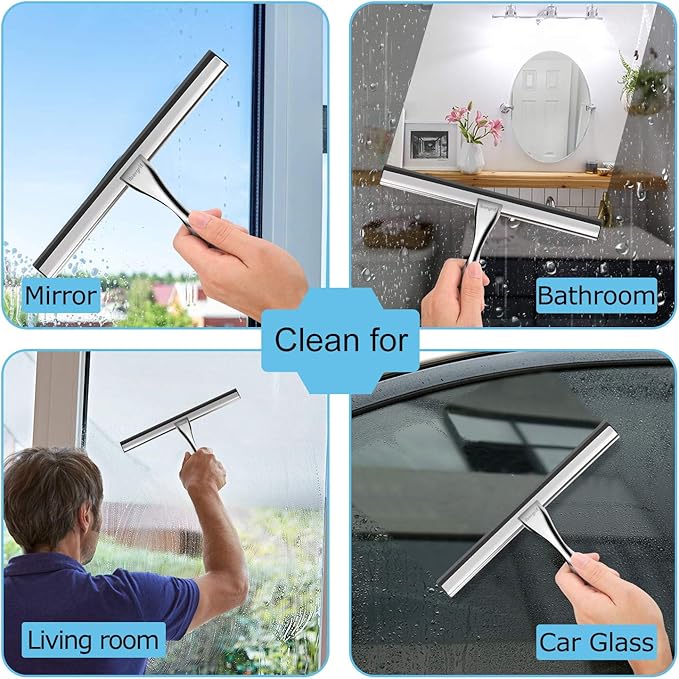 Ibergrif M34101 Shower Squeegees, Silicone Window Squeegee, Shower Cleaner for Window, Glass, Shower Door, Car Windshield, Include Shower Hooks, Stainless Steel