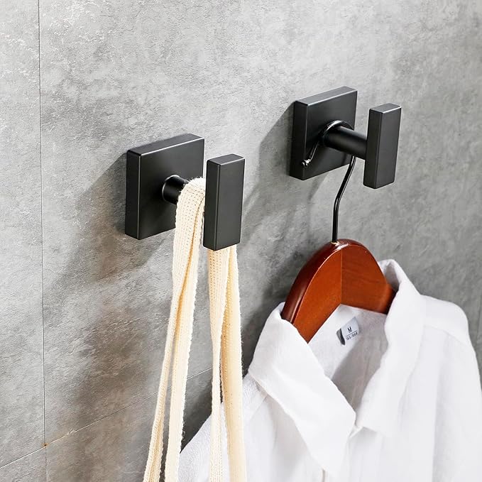 Bath Towel Hook, Bathroom Lavatory Accessories Wall Mount Single Coat and Robe Hook SUS304 Stainless Steel, Matte Black Square (1PC)…