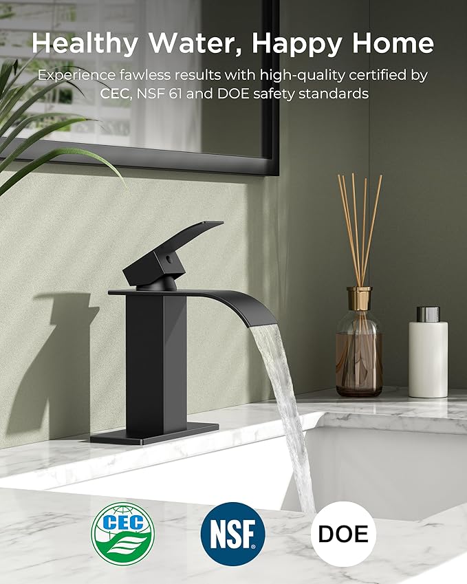 FORIOUS Matte Black Waterfall Bathroom Faucets 1 or 3 Hole, Vanity Single Bathroom Sink Faucet with cUPC Supply Line and Pop Up Drain, Suitable for Basin, Rv, Restroom Sink