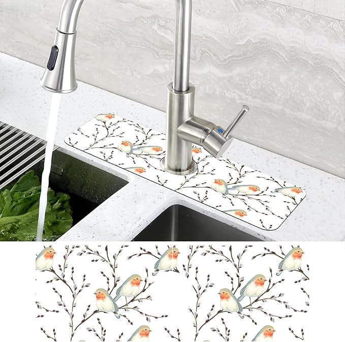 Willow Branches and Robin Dish Drying Mat for Kitchen Sink Splash Guard Behind Faucet Sink Mat Absorbent Fast Drying Faucet Draining Mat for Bathroom Kitchen 5.5"×15"
