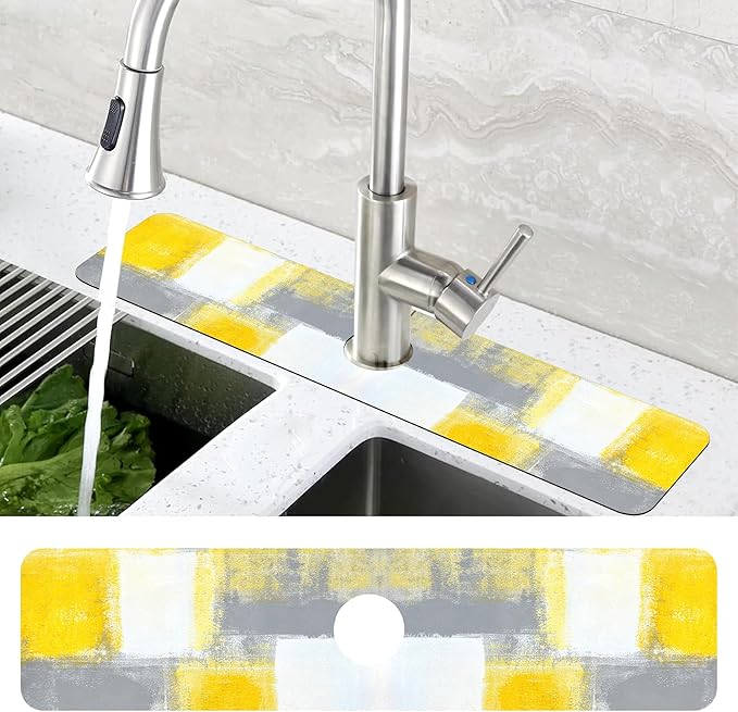 Grey and Yellow Abstract Kitchen Sink Splash Guard Mat Absorbent Fast Drying Mat Faucet Draining Mat Sink Splash Guard Behind Faucet Drip Catcher for Kitchen Bathroom 5.5"×24"