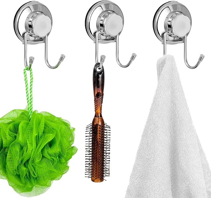 SANNO Double Suction Hooks Suction Cups Vacuum Hook for Flat Smooth Wall Surface Towel Robe Bathroom Kitchen Shower Bath Coat, Stainless Steel (2 Pack)