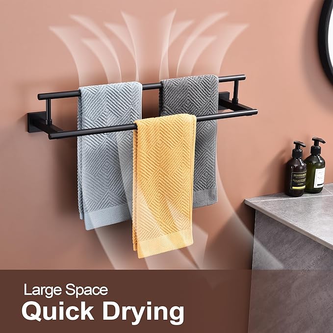 Bath Double Towel Bars, Towel Racks SUS304 Stainless Steel, Towel Holder for Bathroom Wall Mount, Towel Hanger Rail Accessories, 2-Tiers (Matte Black, 24 Inch)