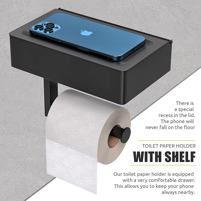 Matte Black Toilet Paper Holder Wall Mounted with Shelf & Wipes Storage – Stainless Steel SUS304 Modern Toilet Tissue Roll Holder for Bathroom, Kitchen – Adhesive and Screw Installation