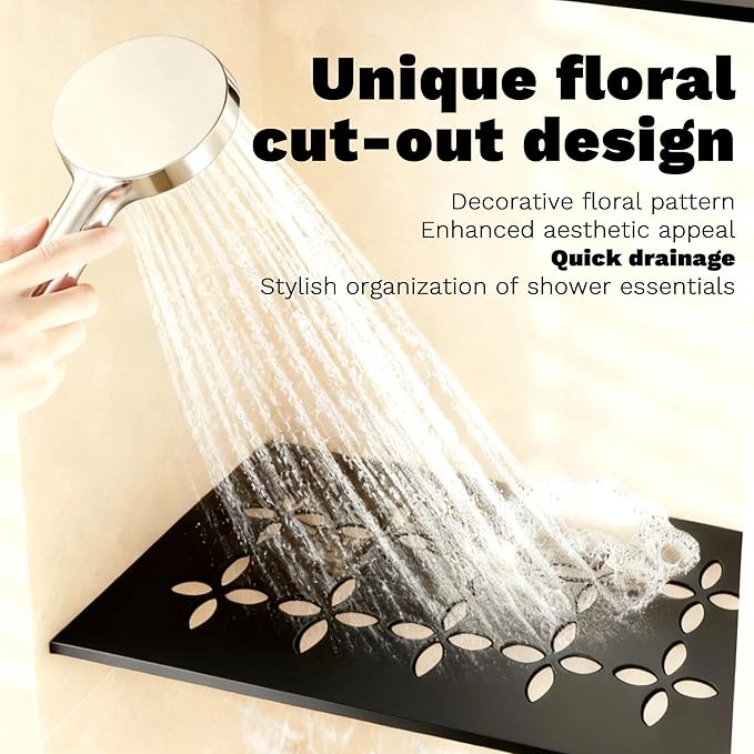 12 Inch Black Frosted Aluminum Material Shower Niche Shelf Rectangular Bathroom Niche Shelf with Floral Design Fits Prefabricated Tile Niches 1 Pack