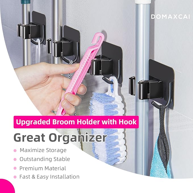 4 Pack Anti-Slip Broom Holder, Space-Saving, Damage-Free Wall Mount, Stainless Steel, Black