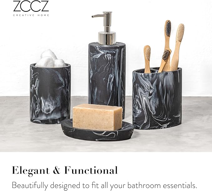 ZCCZ Bathroom Accessories Set, 4-Piece Marble Pattern with Soap Dispenser, Toothbrush Holder, Tumbler, and Soap Dish for Modern Bath Décor, Elegant and Durable Design for Home or Office Bathrooms
