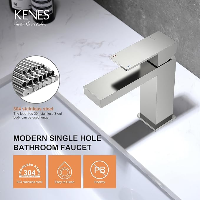 KENES Single Handle Bathroom Sink Faucet, Brushed Nickel Vanity Faucet for Bathroom Sink, with Pop Up Drain Stopper & Water Supply Lines LJ-9031