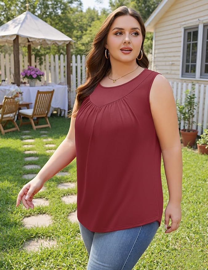 AKEWEI Womens Plus Size Tank Tops Ladies Sleeveless Summer Pleated Tops Oversized Flowy Tunics XL-5XL