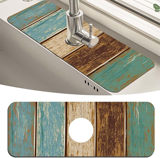 MCALK Wood Pattern Teal Kitchen Sink Faucet Mat Splash Guard, Absorbent Quick-Dry Kitchen Sink Mat - Ideal for Splash Guard & Drip Catching with Farmhouse Art Decor( 1pc 15"x5.5")