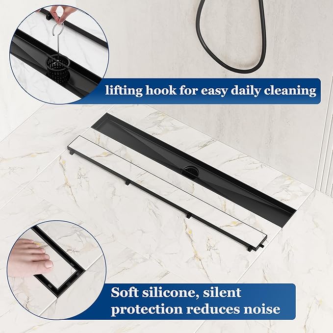 Neodrain 18-Inch Linear Shower Drain with Tile Insert Grate, Matte Black 304 Stainless Steel Rectangle Shower Floor Drain, Linear Drain with Leveling Feet, Hair Strainer