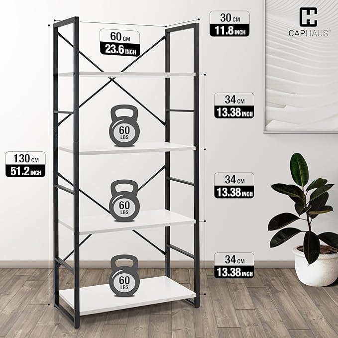 CAPHAUS 4 Tier Bookshelf, 24 Inch Width Free Standing Shelf, Bookcase Shelf Storage Organizer, Industrial Book Shelves for Home Office, Living Room, Kitchen, White Shelves & Metal Frame