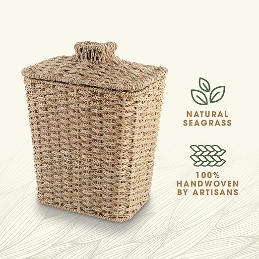Wicker Trash Can with Lid and Liner - Rattan Trash Can for Bathroom - Decorative Wicker Waste Basket for Bedroom, Kitchen and Office (Natural Seagrass)