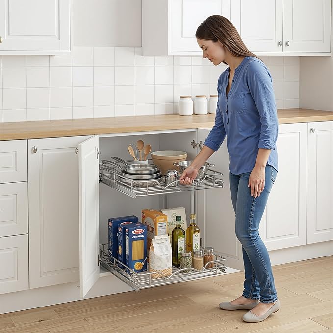 HOLDN’ STORAGE Two Tier Pull Out Cabinet Organizer, Individual Sliding Drawers - Heavy Duty Metal with Lifetime Limited Warranty - Anti Rust Chrome Finish - 26" W x 21”D x 16.5" H