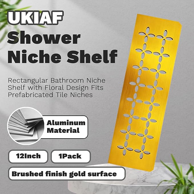 12 Inch Brushed Golden Aluminum Material Shower Niche Shelf Rectangular Bathroom Niche Shelf with Floral Design Fits Prefabricated Tile Niches