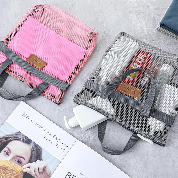 2pcs Gym Shower Caddy,Shower Caddy Mesh Bag,11.8 x 11.8 In,Quick Dry Portable Hanging Toiletry and Bath Organizer with Zipper for Travel,Gym,Swimming,Camping,College Dorms,Beach(Grey/Pink)