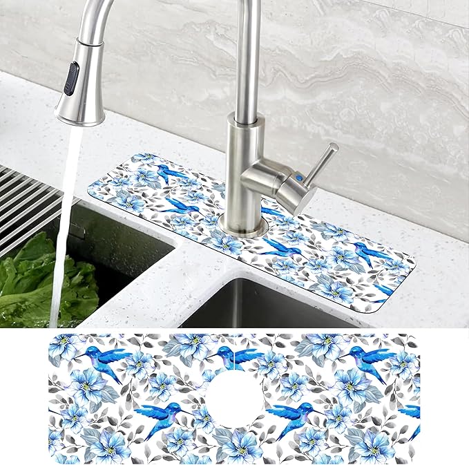 Blue Floral and Hummingbird Dish Drying Mat for Kitchen Sink Splash Guard Behind Faucet Sink Mat Absorbent Fast Drying Faucet Draining Mat for Bathroom Kitchen 5.5"×15"