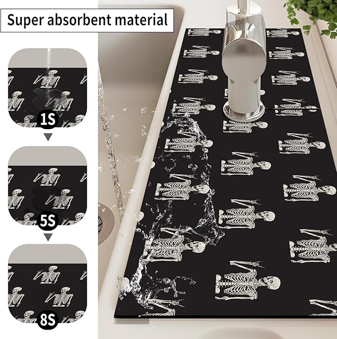 Absorbent Splash Guard Mat for Kitchen Sink, 15×5.5 Inch Cute Fast Drying Drip Catcher Behind Faucet Mat, Non-Slip, Washable Sink Mat Gadgets for Bathroom, Kitchen, Bar Cute Skeleton