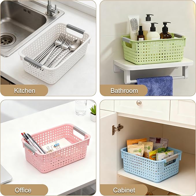 4 Pack Fully Hollow Plastic Organizer Basket with Handles, Multi-Purpose Organizer for Under Bathroom Sink,Kitchen Cabinet, Ideal for Toiletries (Pink, Small)