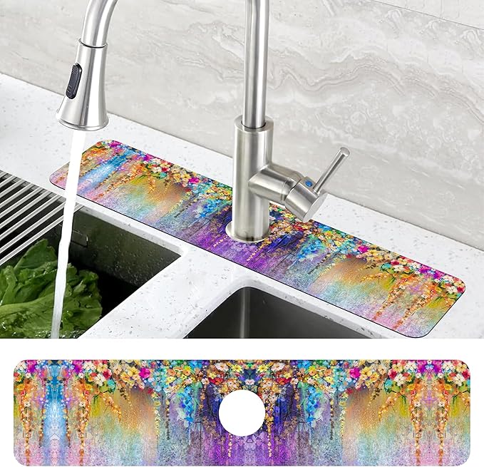 Abstract Watercolor Flowers Dish Drying Mat for Kitchen Sink Splash Guard Behind Faucet Sink Mat Absorbent Fast Drying Faucet Draining Mat for Bathroom Kitchen 5.5"×24"