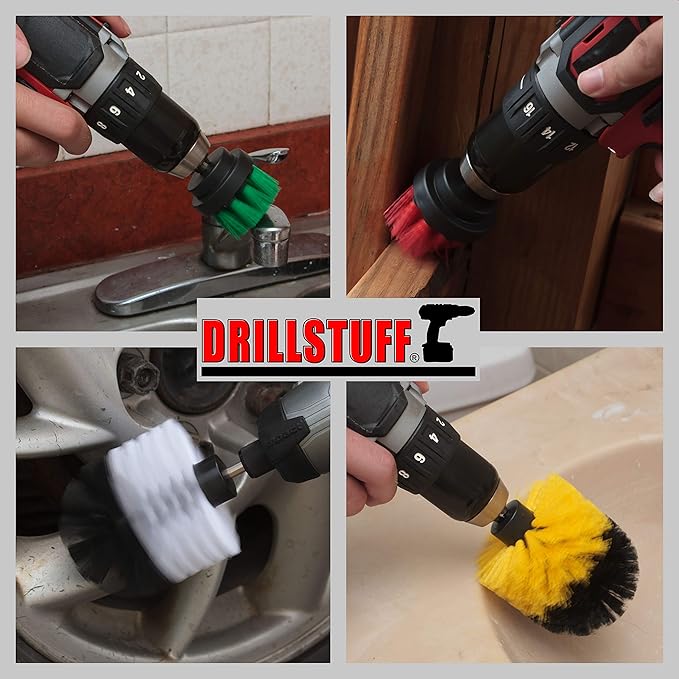 Cordless Drill Powered Scrub Brush Kit - Kitchen Cleaning Small Round Brush - Rotating Shower/Bathtub Brush - Automotive Detailing/Glass/Carpet Brush - Concrete/Deck Brush - Tile and Grout
