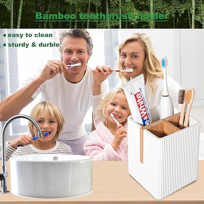 rejomiik Toothbrush Holders for Bathrooms Countertop, 3 Slots Electric Tooth Brushing and Toothpaste Storage Organizer Stand for Toiletries and Beauty Accessories, White