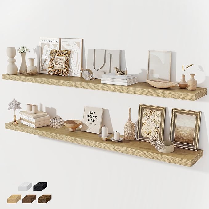 Floating Shelves for Wall, 66 Inch Floating Shelves Set of 2, Wall Mounted Rustic Wood Shelf for Bathroom, Living Room, Bedroom and Kitchen, Hanging Shelf for Storage, Books, Home Decor, Oak