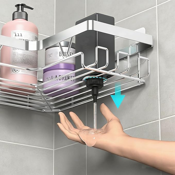 KEGII Corner Shower Caddy, Adhesive Shower Organizer with Soap Holder and Hooks, No Drilling Bathroom Shelf Rack, Silver
