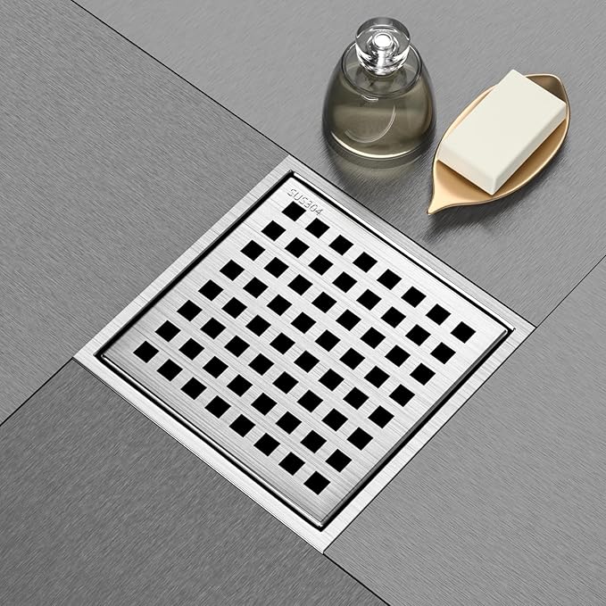6 Inch Square Shower Drain, Shower Floor Drain with with Removable Square Hole Cover, 304 Stainless Steel Bathroom Drains with Flange (Brushed Nickel)