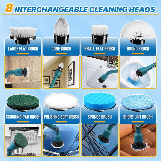 Electric Spin Scrubber for Makita 18V, Cordless Shower Cleaner with Free Adjustable Extension Arm, 1000RPM Clean Brush Waterproof w/ 8 Replaceable Heads for Tile Tub Kitchen Floor (NO Battery)