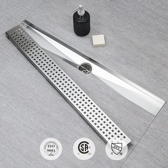 SaniteModar Linear Shower Drain, Shower Drain 18 inch with Removable Grate, Brushed 304 Stainless Steel Linear Drain Include Hair Strainer,Adjustable Leveling Feet