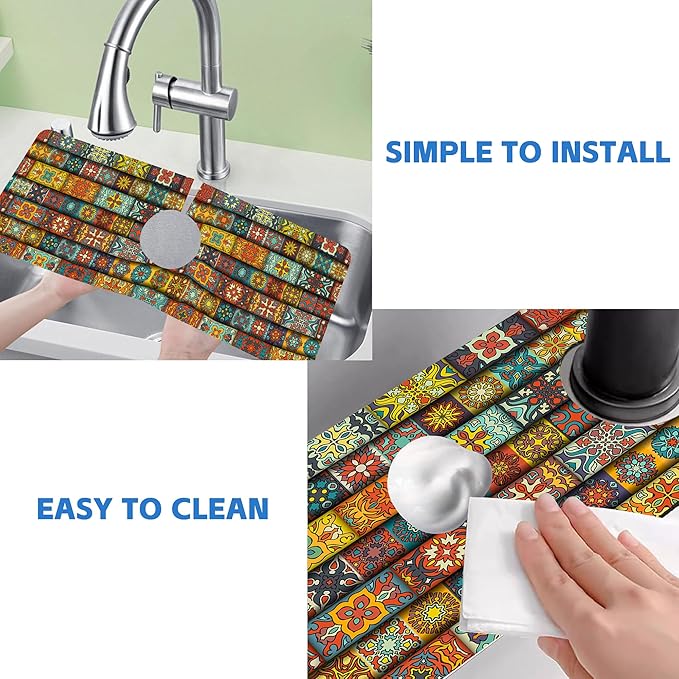 Vintage Mandala Floral Dish Drying Mat for Kitchen Sink Splash Guard Behind Faucet Sink Mat Absorbent Fast Drying Faucet Draining Mat for Bathroom Kitchen 5.5"×15"