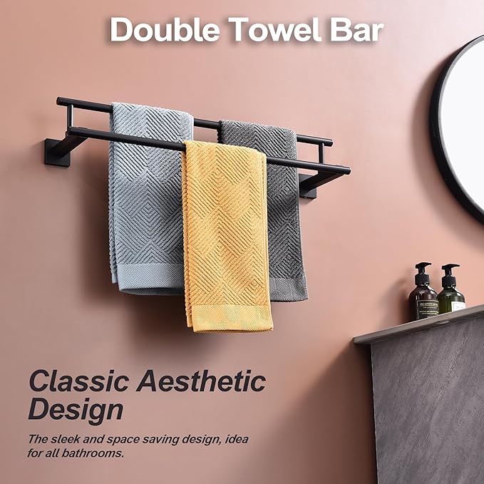 Bath Double Towel Bars, Towel Racks SUS304 Stainless Steel, Towel Holder for Bathroom Wall Mount, Towel Hanger Rail Accessories, 2-Tiers (Matte Black, 24 Inch)