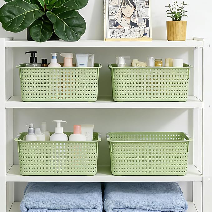 Soddeph 4 Pack Fully Hollow Plastic Organizer Basket with Handles, Multi-Purpose Organizer for Under Bathroom Sink,Kitchen Cabinet, Ideal for Toiletries (Green, Medium)