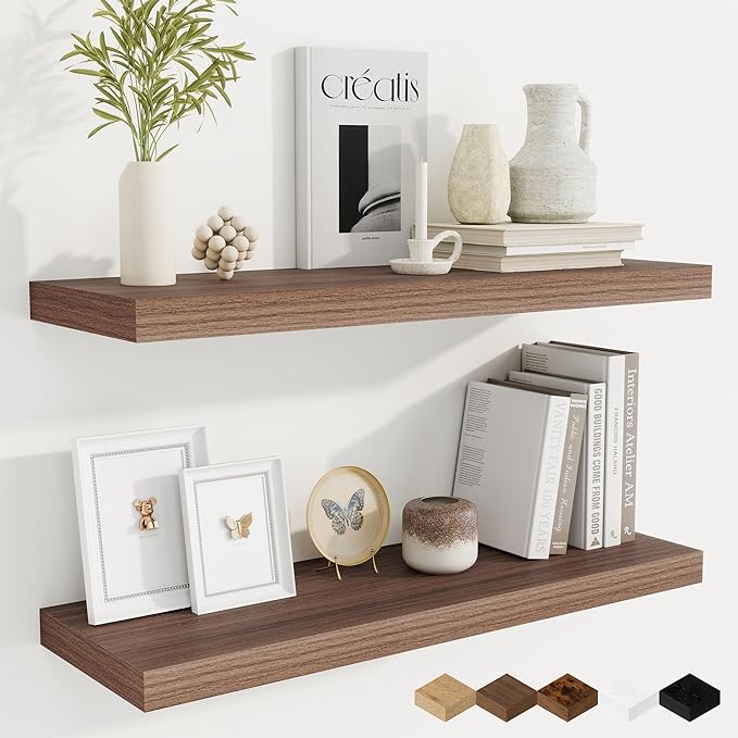 Fun Memories Floating Shelves for Wall, 30 Inch Rustic Wood Wall Mounted Shelves for Bathroom, Bedroom, Kitchen, Living Room, Deep Floating Shelves for Storage & Home Decor (Walnut, Set of 2)